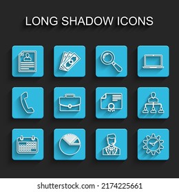 Set line Calendar, Pie chart infographic, Resume, Man with headset, Time Management, Briefcase, Referral marketing and Certificate template icon. Vector