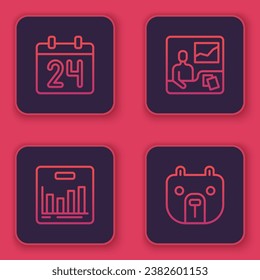 Set line Calendar, Pie chart infographic, Trading courses and Bear market. Blue square button. Vector