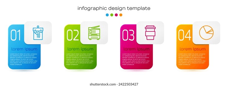 Set line Calendar, Printer, Coffee cup to go and Pie chart infographic. Business infographic template. Vector