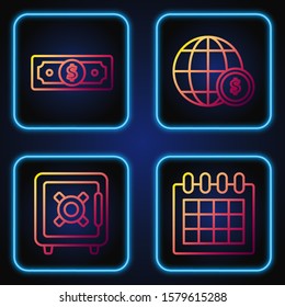 Set line Calendar, Safe, Stacks paper money cash and Earth globe with dollar symbol. Gradient color icons. Vector
