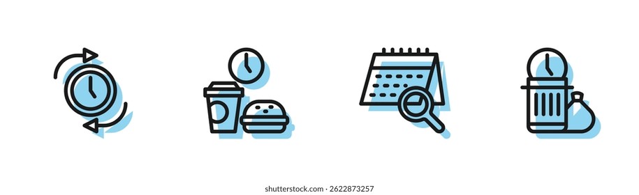 Set line Calendar search, Clock with arrow, Fast food time and Waste of icon. Vector