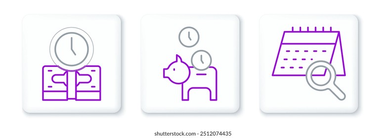 Definir linha Pesquisa de calendário, Tempo é dinheiro e Piggy banco com ícone de moeda. Vetor
