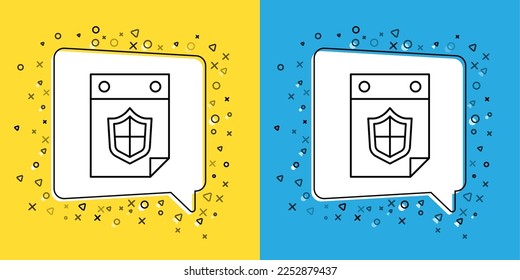 Establece la línea Calendario con el icono de escudo aislado en fondo amarillo y azul. Concepto de seguro. Signo de guardia. Seguridad, seguridad, protección, concepto de privacidad.  Vector