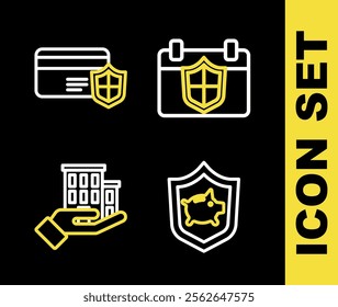 Set line Calendar with shield, Piggy bank, House insurance and Credit card icon. Vector
