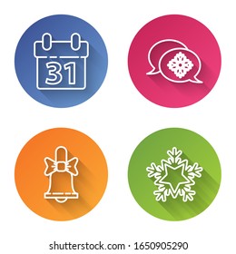 Fijar calendario, copo de nieve con burbujas de habla, campana de sonido navideña y copo de nieve. Botón de círculo de color. Vector