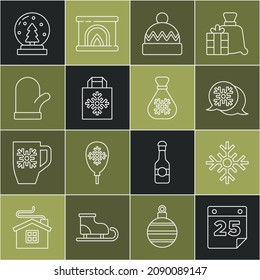 Set line Calendar, Snowflake, speech bubble, Winter hat, Christmas shopping bag, mitten, snow globe and Santa Claus gift icon. Vector