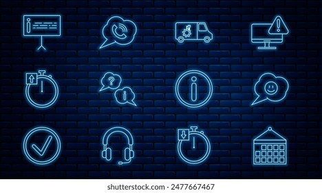 Set line Calendar, Speech bubble with smile face, Car service, Question and Exclamation, Stopwatch, Information,  and phone call icon. Vector