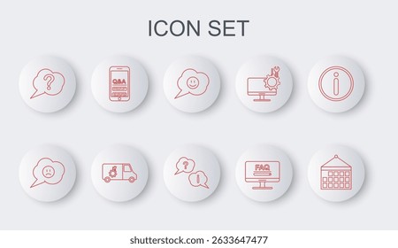 Set line Calendar, Speech bubble with sad smile, face, Monitor FAQ information, Question, Mobile and Exclamation, Car service and  icon. Vector