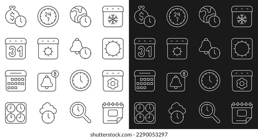 Set line Calendar, spring, Sun, World time, summer, Time is money and Alarm clock icon. Vector