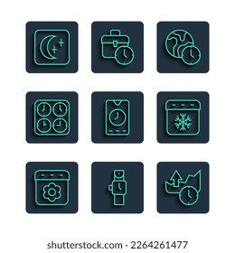 Set line Calendar spring, Wrist watch, Stocks market growth graphs, World time, Alarm clock app mobile, Time zone clocks, Moon and stars and winter icon. Vector