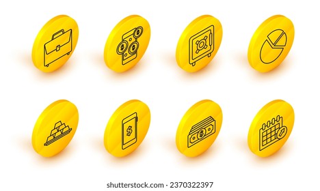 Fijar el calendario, apilar dinero en papel, Smartphone con símbolo en dólares, barras de oro, infografía de gráfico circular, icono de caja fuerte y maletín. Vector