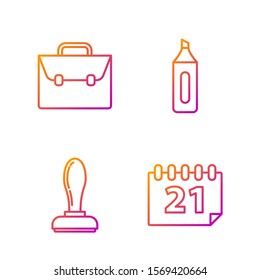 Set line Calendar, Stamp, Briefcase and Marker pen. Gradient color icons. Vector