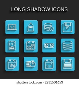 Set line Calendar, Stopwatch, Dead laptop, with check mark, Floppy disk, Database and Stereo speaker icon. Vector