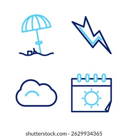 Set line Calendar and sun, Cloud, Lightning bolt and Sun protective umbrella for beach icon. Vector
