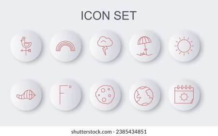 Set line Calendar and sun, Cone meteorology windsock wind vane, Storm, Earth globe, Rooster weather, Rainbow, Fahrenheit and Moon icon. Vector
