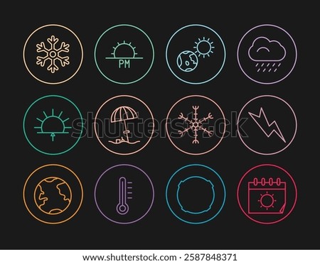 Set line Calendar and sun, Lightning bolt, Earth globe, Sun protective umbrella for beach, Sunrise, Snowflake,  and Sunset icon. Vector