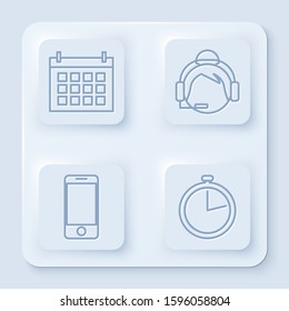 Set line Calendar , Support operator in touch, Mobile phone with app delivery tracking and Stopwatch . White square button. Vector