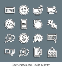 Set line Calendar, System bug concept, Question and Exclamation, Computer monitor service, Mobile with FAQ information, Five stars rating review, Mail e-mail and Stopwatch icon. Vector