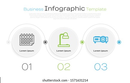 Set line Calendar, Table lamp and Presentation, movie, film, media projector. Business infographic template. Vector