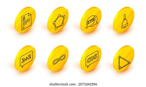 Set line Calendar, Tablet with calculator, Function mathematical symbol, Graph, schedule, chart, diagram, Test exam sheet, Calculator, Geometric figure Sphere and Infinity icon. Vector