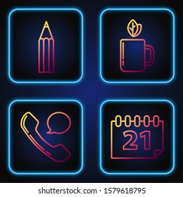 Set line Calendar, Telephone handset and speech bubble chat, Pencil and Cup of tea and leaf. Gradient color icons. Vector