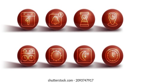 Set line Calendar, Time chess clock, zone clocks, Moon and stars, Sun, Alarm app mobile, Clock and Old hourglass icon. Vector