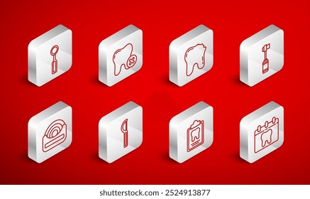 Fije el calendario de la línea con el diente, caries del diente, roto, cepillo de dientes, tarjeta dental, espejo de la inspección, hilo dental e icono. Vector