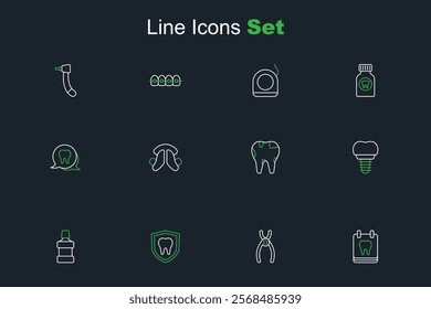 Set line Calendar with tooth, Dental pliers, protection, Mouthwash, implant, Broken, plate and Tooth icon. Vector