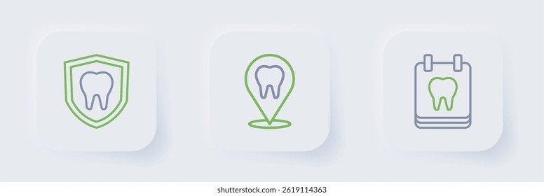 Set line Calendar with tooth, Dental clinic location and protection icon. Vector