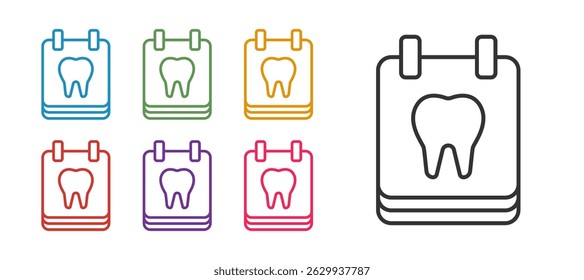 Set line Calendar with tooth icon isolated on white background. International Dentist Day, March 6. March holiday calendar. Set icons colorful. Vector