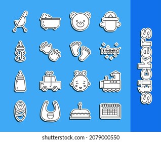 Set line Calendar, Toy train, Carnival garland with flags, Teddy bear plush toy, Baby hands print, bottle, stroller and footprints icon. Vector
