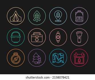Set line Calendar with tree, Flashlight, Location of the forest, First aid kit, Camping pot, Tourist tent, Kayak canoe and Campfire icon. Vector