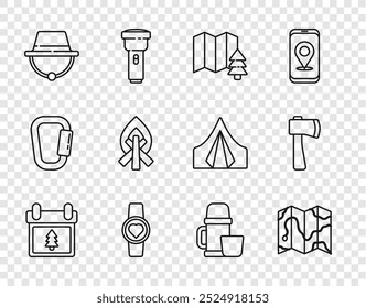 Set line Calendar with tree, Location of the forest on map, Smart watch showing heart beat rate, Camping hat, Campfire, Thermos container and cup and Wooden axe icon. Vector