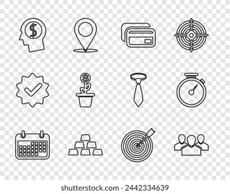 Set line Calendar, Users group, Credit card, Gold bars, Business man planning mind, Dollar plant the pot, Target with arrow and Stopwatch icon. Vector