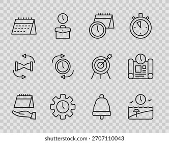 Zeilenkalender, Urlaubszeit und -uhr, Zeitverwaltung, Uhr mit Pfeil, Signalton und Projektplansymbol festlegen. Vektorgrafik