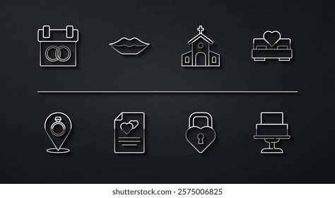 Set line Calendar, Wedding rings, Bedroom, Castle the shape of heart, Greeting card, Smiling lips, cake and Church building icon. Vector