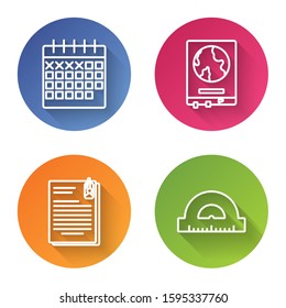Set line Calendar, World map on a school blackboard, File document and paper clip and Protractor grid for measuring degrees. Color circle button. Vector