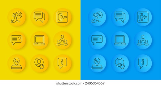 Set line Call center location, Unknown search, Laptop, Information, Employee hierarchy, Telephone 24 hours support, Incoming call and Speech bubble chat icon. Vector