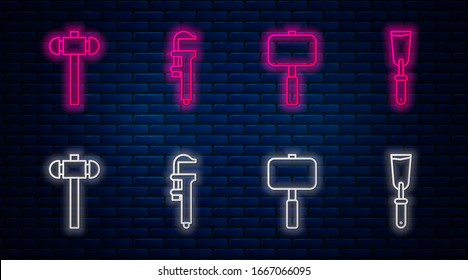 Ajuste la pinza de freno o la pinza de freno y la escala, martillo, martillo y navaja. Icono de neón brillante en la pared de ladrillo. Vector