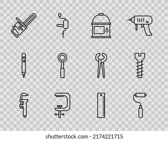 Set line Calliper or caliper and scale, Paint roller brush, bucket, Clamp screw tool, Chainsaw, Wrench spanner, Ruler and Metallic icon. Vector