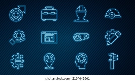 Set line Calliper or caliper and scale, Pencil gear, Worker safety helmet, House plan, Settings in the hand, Gear arrows as workflow process, Timing belt kit and Toolbox icon. Vector