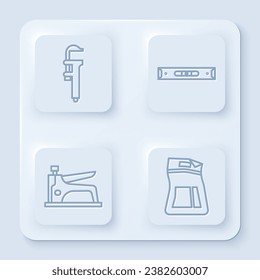 Set line Calliper or caliper and scale, Construction bubble level, Construction stapler and Cement bag. White square button. Vector