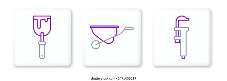 Set line Calliper or caliper and scale, Putty knife and Wheelbarrow icon. Vector