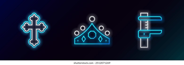Set line Calliper or caliper and scale, Christian cross and King crown icon. Glowing neon. Vector