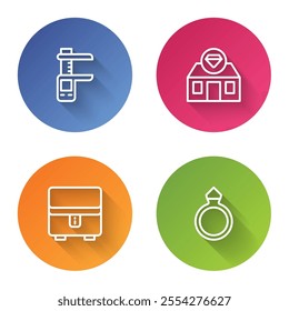 Set line Calliper or caliper and scale, Jewelry store, box and Diamond engagement ring. Color circle button. Vector