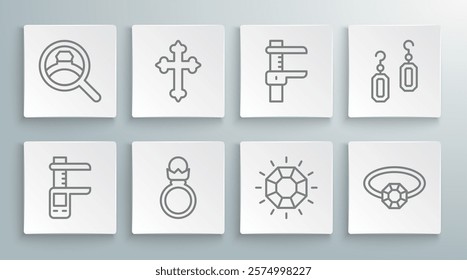 Set line Calliper or caliper and scale, Christian cross, Diamond engagement ring, Earrings and  icon. Vector