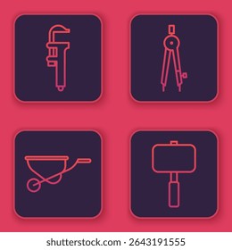 Set line Calliper or caliper and scale, Wheelbarrow, Drawing compass and Sledgehammer. Blue square button. Vector