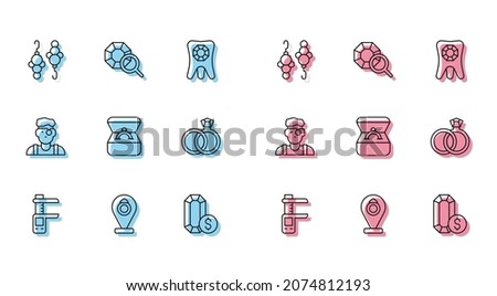 Set line Calliper or caliper and scale, Jewelry store, Earrings, online shopping, Diamond engagement box, Wedding, Jeweler man and Gem stone icon. Vector