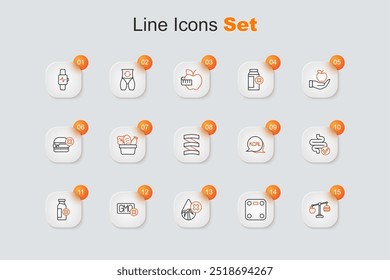 Set line Calorie calculator, Bathroom scales, Palm oil free, No GMO, Lactose intolerance, Intestines, Kcal and Sports nutrition proteine icon. Vector