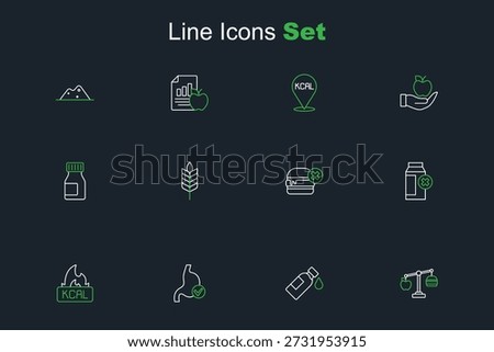 Set line Calorie calculator, Bottle of water, Human stomach health, Kcal, Lactose intolerance, No burger, Wheat and Vitamins icon. Vector
